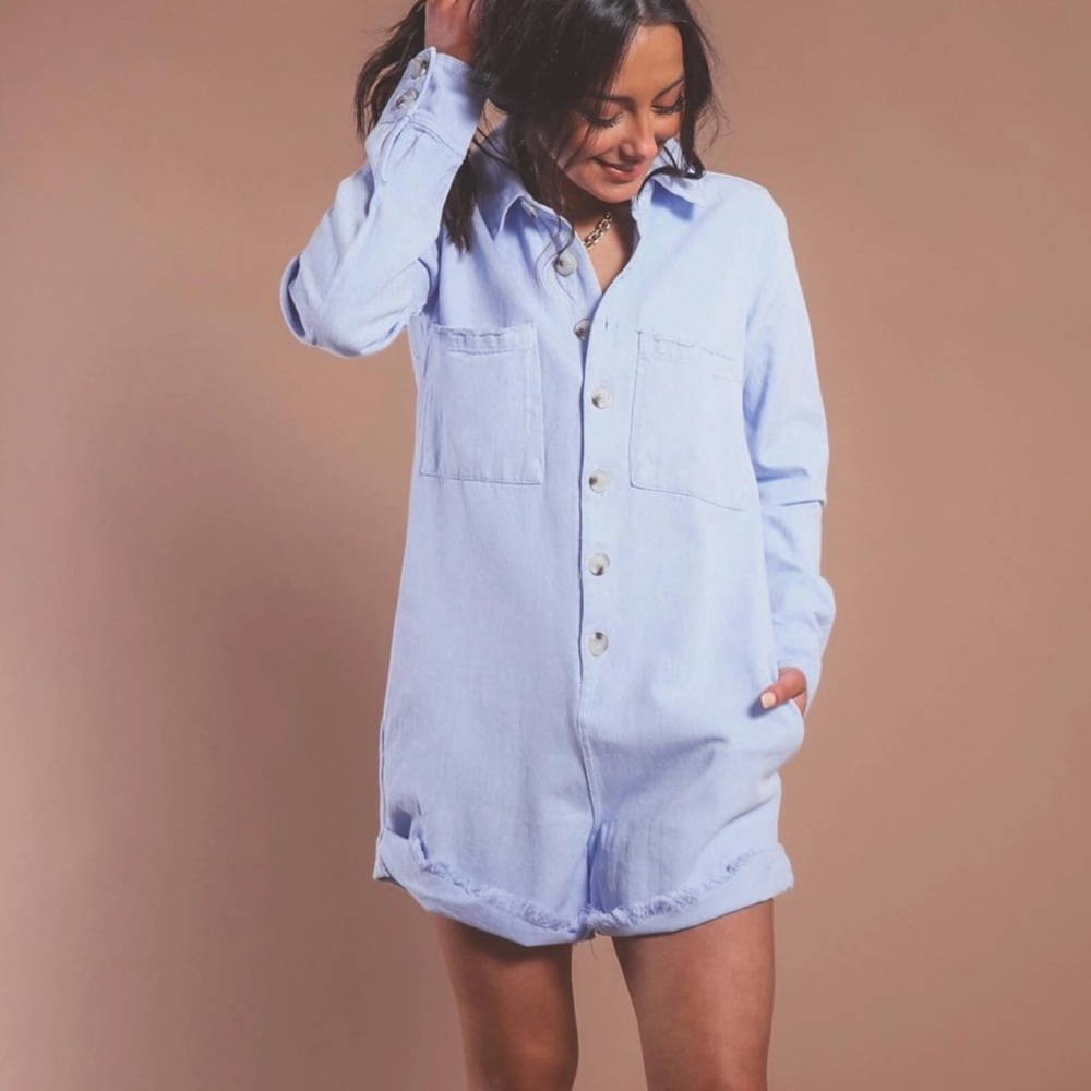 Light Blue Button-Front Romper - Women - Picture 2 of 7